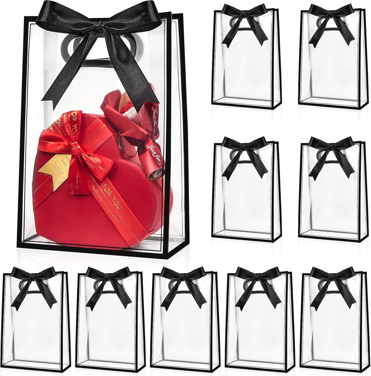 12 Pack Clear Plastic Gift Bags with Handles, Reusable Party Favor Bags with Ribbon for Birthday, Wedding, Bachelorette Party, 10.2 x 7.1 x 3.1 Inch (Black)